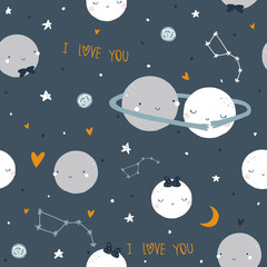 Seamless pattern with cute planets and stars. Childish space print. Vector hand drawn illustration.