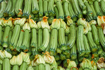 Fresh zucchini in the greek market in Chania, Crete as a background. 