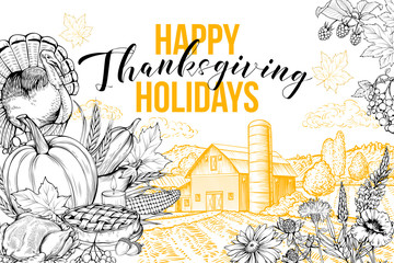 Thanksgiving greeting card vector template. November tradition, happy holidays postcard layout. Village landscape, turkey, vegetables harvest and flowers hand drawn illustration with typography