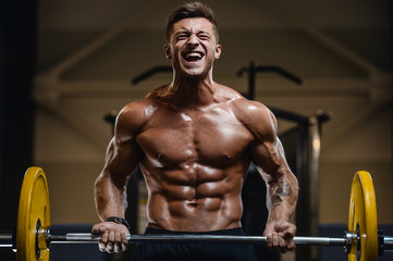 Fototapeta na wymiar Handsome strong athletic men pumping up biceps muscles workout fitness and bodybuilding concept background - muscular bodybuilder fitness men doing arms exercises in gym naked torso.