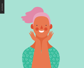 Bright people portrait - hand drawn flat style vector design concept illustration of young pink-haired smiling woman, face and shoulders avatar. Flat style vector icon