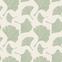 Ginkgo Biloba Botany Plant, Line art Pale Sage Colored Leaves on Ivory Background. Health Monochrome Pattern. Ayurvedic Medicine Theme. Vector Illustration for Wallpaper or Textile Design