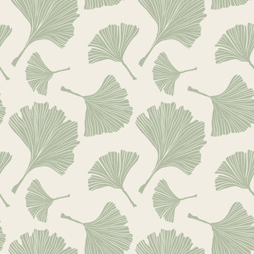 Ginkgo Biloba Botany Plant, Line art Pale Sage Colored Leaves on Ivory Background. Health Monochrome Pattern. Ayurvedic Medicine Theme. Vector Illustration for Wallpaper or Textile Design