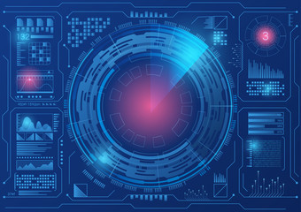 Sci fi hologram control panel dashboard in HUD style. Abstract virtual graphic. Vector illustration. Radar screen futuristic user interface touch screen.