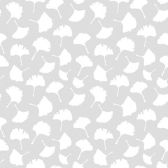 Ginkgo Biloba Plant Seamless Pattern, Large White Leaves Silhouettes on Grey Background. Vector Monochrome Illustration. Ayurvedic Medicine Theme. Japanese Tree.