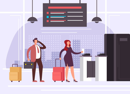 People waiting in airport terminal station. Travel banner concept. Vector flat graphic design cartoon illustration