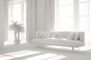 Mock up of stylish room in white color with sofa. Scandinavian interior design. 3D illustration