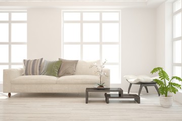 Stylish room in white color with sofa. Scandinavian interior design. 3D illustration