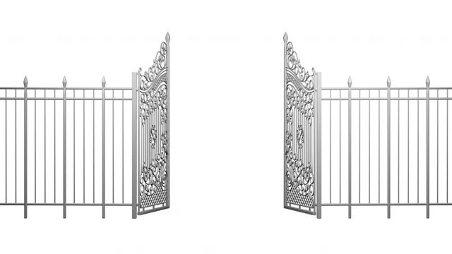 3d animation of opening and closing gates. Fence. Monochrome. Isolated