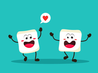 Funny marshmallows in cartoon style on a turquoise background. Vector illustration.