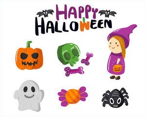 Happy Halloween design elements. Halloween design elements with hand drawing  - Child wizard Costume, pumpkin, ghost, bat, skull, spider and candy . Vector illustration