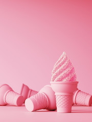 Sweet pink for happiness concept. Pink jelly ice cream cone with sugar crystals on pink background. 3d rendering illustration.
