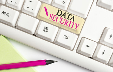 Handwriting text writing Data Security. Conceptual photo Confidentiality Disk Encryption Backups Password Shielding White pc keyboard with empty note paper above white background key copy space