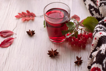 Autumn cozy and warm still life from a mug of red tea with lemon, dry autumn red leaves, cardamom  and cranberry berries on a white shabby retro background