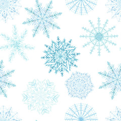 Naklejka na ściany i meble Watercolor hand painted winter nature frozen diagonal seamless pattern with blue different snowflakes isolated on the white background, christmas celebration composition for textile, wallpapers