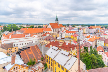 Naklejka na ściany i meble Jindrichuv Hradec cityscape with Church of the Assumption of the Virgin Mary, Czech Republic. Aerial view from Black Tower of Jindrichuv Hradec Castle