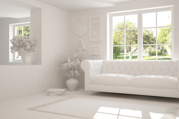 Fototapeta na wymiar Mock up of stylish room in white color with sofa and green landscape in window. Scandinavian interior design. 3D illustration