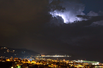 Lightning and thunderstorm on the Tigullio Gulf - Ligurian sea - Chiavari - Italy.