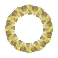 Watercolor autunm yellow leaves wreath on white background