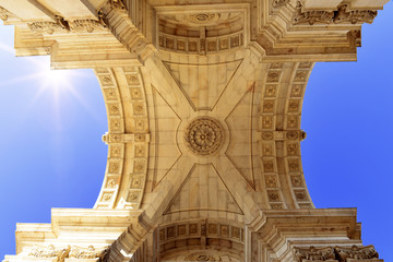 close up view to the Beautiful ceiling of the Triumphal Arch (Arco da Rua Augusta) in the Commerce square (Pra&ccedil;a do Comercio) in Lisbon, Portugal