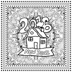 Obraz premium Black vector mono color illustration for Merry Christmas and Happy New Year 2016 print design. Coloring book page design for adults or kids. Vector template.Ornamental border and frame