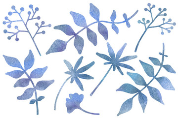 Set of blue watercolor fantasy flowers and leaves. Design elements