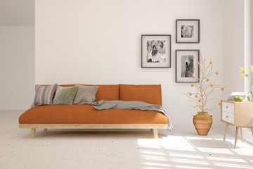 Stylish room in white color with orange sofa. Scandinavian interior design. 3D illustration