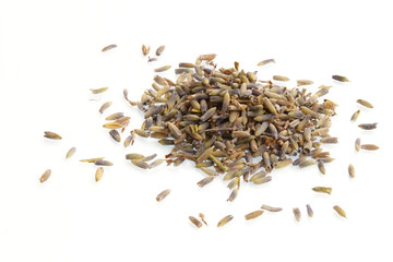 A pile of dried lavender on white background