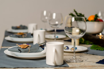 Beautiful table setting with lavender flowers on wooden background