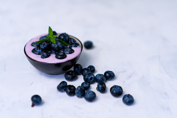 Tasty fresh blueberry yoghurt shake dessert in ceramic bowl standing on white table background.