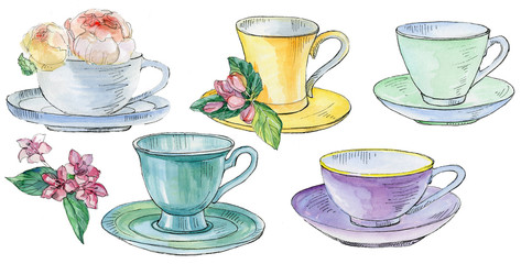 Set of different cups isolated on white background. Pastel colors tee cups with saucer. Flowers in cup. Handdrawn watercolour and pen.