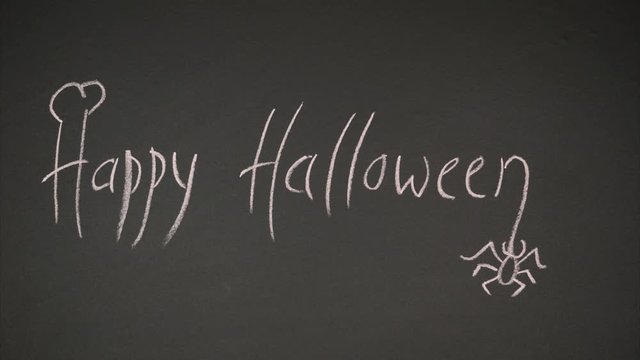 Happy halloween written on black board. Candys fall near text. Stop motion