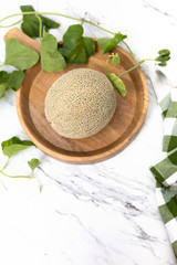 Whole Freshly Picked Cantaloupe on Wooden Tray on Marble Countertop