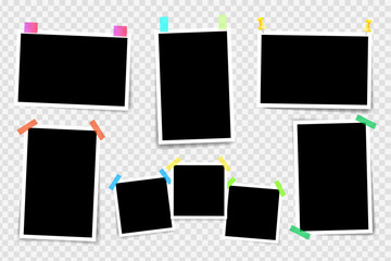 Set of square photo frames on sticky tape, pins. Template photo design. Vector illustration. Isolated on transparent background. Vector illustration