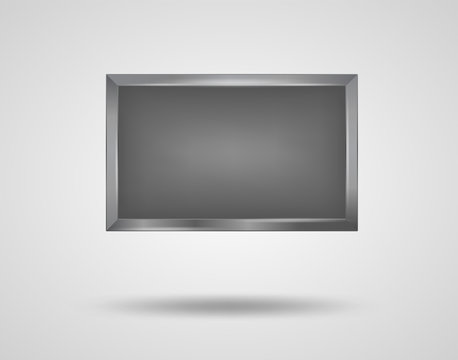 Grey lcd screen front view isolated on white. Vector hdtv equipment, realistic plasma monitor, hanging on the wall. Advertising poster mock-up. Video widescreen, typical home entertainment device.