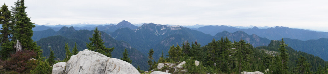 scenic panorama over the mountains of North Vancouver in summer, snow trees, Canada, BC