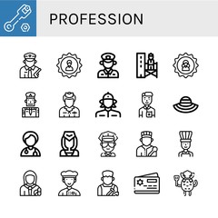 Set of profession icons such as Wrench, Policeman, User, Supervisor, Flight attendant, Firewoman, Nurse, Sun hat, Doctor, Cop, Chef, Pharmacist, Shoemaker, Member card , profession