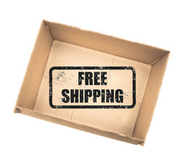 Free shipping cardboard box isolated on a white background.