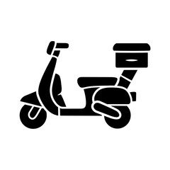 Scooter delivery glyph icon. Motorcycle with parcels. Motorbike transporting packages. Motor bike courier, messenger. Postal service. Silhouette symbol. Negative space. Vector isolated illustration
