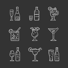 Drinks chalk icons set. Alcohol drinks card. Champagne, vodka, hot toddy, wine, beer, cocktail in lowball glass, martini, margarita, pina colada. Isolated vector chalkboard illustrations