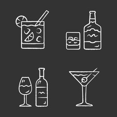 Drinks chalk icons set. Cocktail in lowball glass, whiskey, wine, martini. Alcoholic beverages for party. Refreshment drinks and mixes. Isolated vector chalkboard illustrations