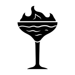 Flaming cocktail glyph icon. Martini glass with beverage and burning fire. Drink with flammable high-proof alcohol. Silhouette symbol. Negative space. Vector isolated illustration