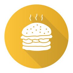 Delicious burger yellow flat design long shadow glyph icon. Traditional hamburger, junk food vector silhouette illustration. Harmful nutrition, takeaway service symbol. Patty with buns and vegetables
