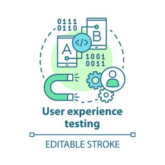 User experience testing concept icon. UX. Software development. Information technology. Correction of error in application idea thin line illustration. Vector isolated outline drawing. Editable stroke