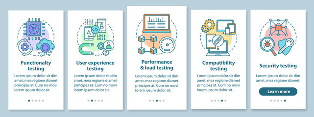 Software testing onboarding mobile app page screen with linear concepts. IT industry. Computer program development walkthrough steps graphic instruction. UX, UI, GUI vector template with illustrations © IMG visuals icons