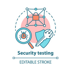 Security testing concept icon. Safety audit. Key reliability and antivirus defence. Intrusion data protection idea thin line illustration. Vector isolated outline drawing. Editable stroke