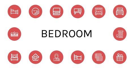 Set of bedroom icons such as Bed, Sleeping, Cover, Furniture, Laugh room, Real estate, Mattress, Bedside table, Hotel de glace, Apartment , bedroom
