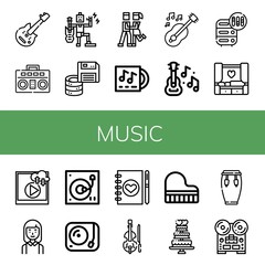 Set of music icons such as Electric guitar, Boombox, Music, Floppy disk, Foxtrot, Lp, Guitar, Adjustment, Wedding, Video, Bridesmaids, Turntable, Wedding planner, Violin , music