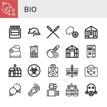 Set of bio icons such as Dolphin, Hormones, Animal testing, Acupuncture, Lemon, Greenhouse, Lithotherapy, Mint, Herbal, Juice, Biohazard, Reuse, Tidal, Ecosystem, Arepas , bio