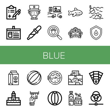 Set of blue icons such as Medical report, Library card, Uncle sam, Drop, Drive thru, Paw print, Shark, Kokoshnik, Sea, Milk, Lighthouse, Beach ball, Card, Boat porthole , blue